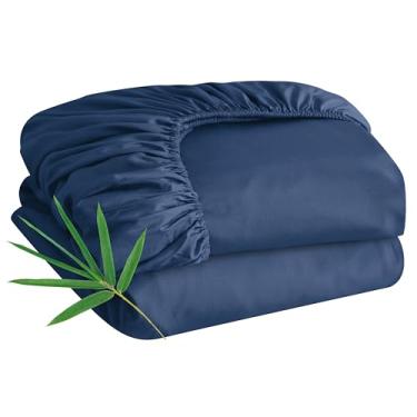 Imagem de Pacote com 2 lençóis Queen de viscose de bambu, apenas tamanho Queen, 400 fios, bolso profundo de 20,3 a 40,6 cm, lençol de baixo macio e respirável para dormir quente (azul marinho, casal)