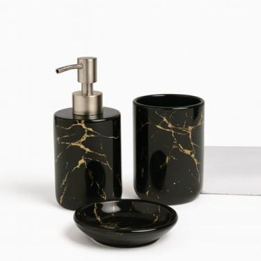 Imagem de Kit Banheiro em Cerâmica 3 Peças Preta com Detalhes Dourados Dispensador de Sabonete Líquido Porta Escova e Saboneteira Estilo Mármore Moderno Luxuoso Premium