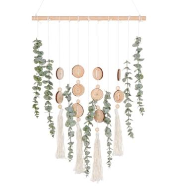 Imagem de Decoração de parede de eucalipto artificial rústico Boho com hastes de vegetação falsa, plantas penduradas com bastão de madeira, arte de parede de casa de fazenda, para quarto, banheiro, cozinha