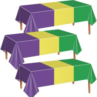 Imagem de Oudain 3 peças de toalha de mesa de carnaval 137,2 cm x 274,3 cm decorações de mesa de carnaval artigos de festa de carnaval verde amarelo roxo sólido retangular capa de mesa descartável baile de