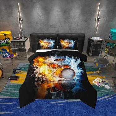 Imagem de Erosebridal Conjunto de edredom de tambor, rock, solteiro, fogo e água, para meninos, meninas, adolescentes, adultos, quarto, notas musicais, edredom
