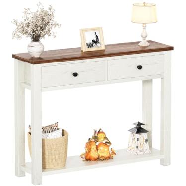 Imagem de Homieasy Mesa de console de fazenda com 2 gavetas, mesa de sofá pequena de 81 cm com prateleira de armazenamento para sala de estar, sofá atrás, mesa de entrada para corredor, sala de estar ou hall de