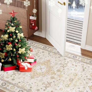 Imagem de Tapete de área 7,5 x 12,7 cm para entrada, tapete pequeno bege Boho lavável, tapete macio moderno de pelo baixo, tapete para quarto, cabeceira, sala de estar, banheiro, sala de jogos, cozinha, sala de