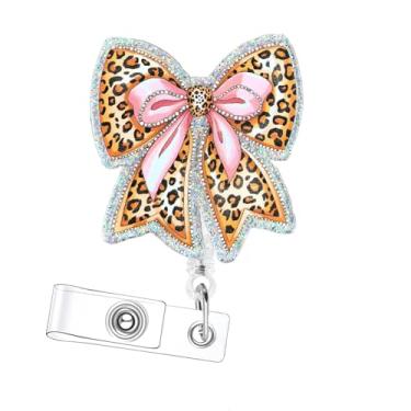Imagem de Bellrela Carretel de crachá retrátil com design de laço com estampa de leopardo, glitter multicolorido, clipe jacaré de 360 graus, corda de nylon, extensão de 73 cm