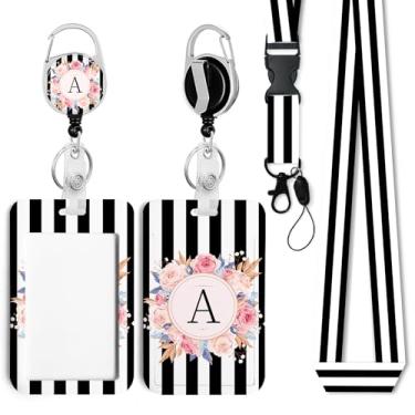 Imagem de Porta-crachá inicial com clipe para crachá retrátil resistente, cordão e chaveiro, suporte de identificação para escola, enfermeira, escritório, listra preta A