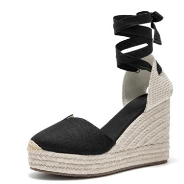 Imagem de U-lite Sandália feminina espadrille cunha, bico fechado, plataforma com cadarço e tira no tornozelo, slingback, Plataforma de lona preta - 10 cm, 36
