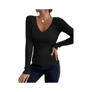 Imagem de Blusa Feminina De Tricô Canelado Com Decote V E Listras, Manga Longa, 