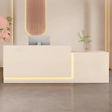 Imagem de Balcão de recepção moderno com bandeja de teclado, mesa de balcão de caixa de varejo com gaveta com trava - balcão de recepção para escritório ou loja de varejo (bege, 120 x 60 x 100 cm)