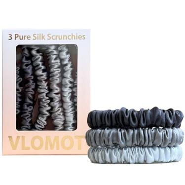 Imagem de VLOMOT Conjunto de 3 peças 100% seda de amoreira pura laços de cabelo com 3 cores chiques todos os dias skinny elásticos elásticos de seda cuidados com o cabelo sem danos (cinza)