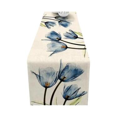 Imagem de Caminho De Mesa De Linho Azul Laranja Tulipa Estilo Rústico Fazenda 13