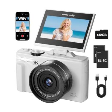 Imagem de WGM Câmera digital 5K, câmera fotográfica HD de 7500 MP, com tela flip de 180°, câmera compacta HD WiFi com flash, zoom digital de 18x, cartão TF de 32 GB e 2 baterias, para adolescentes, estudantes