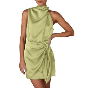 Imagem de Vestido PRETTYGARDEN de Cetim Sem Mangas com Gola Alta e Cinto na Cint