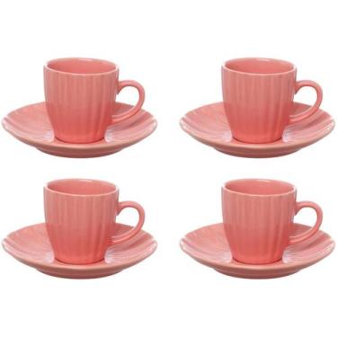 Imagem de Conjunto 4 Xícaras de Café com Pires Cerâmica Bella 90ml Rosa JGXC083R
