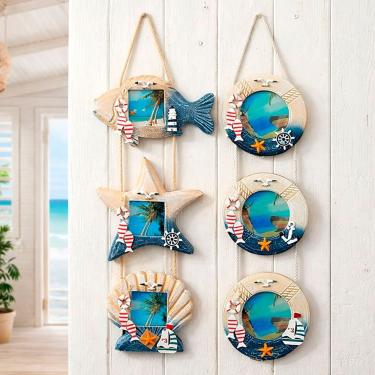 Imagem de Porta Retrato de Parede Náutico Casa Praia Kit 2 Peças para Fotos 4x4 em MDF 60cm Azul e Bege