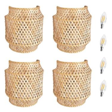 Imagem de 4 Arandela Fibra Natural Bambu Artesanal Quarto Nat90 + Led - Acende a