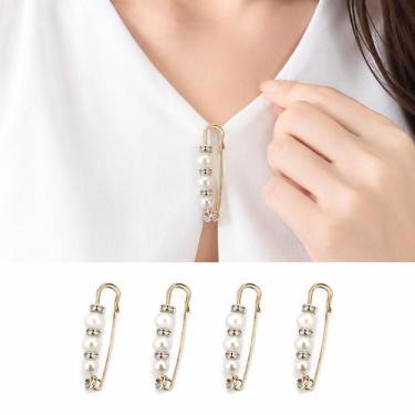 Imagem de Kit 4 Alfinete Com Pérola Strass Ajuste Roupas Prata Ou Dourado 5,5cm 