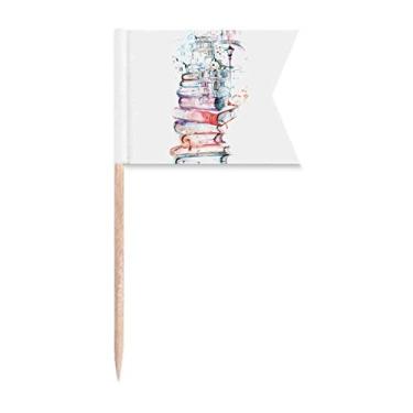 Imagem de Books Building Street Bandeiras de palito de dente em aquarela, marcação de rotulagem para bolo de festa, prato de queijo