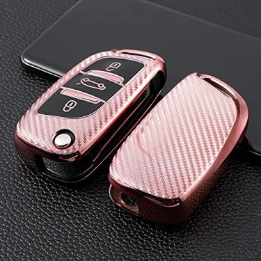 Imagem de YJADHU Capa de chave dobrável de carro TPU macio de 3 botões capa completa remota, apto para Peugeot Citroen C1 C2 C3 C4 C5 DS3 DS4 DS5 DS6, rosa