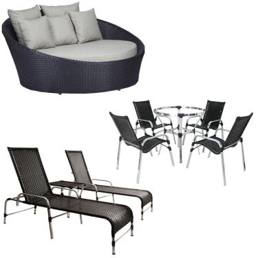 Imagem de  Kit 4 Cadeiras E Mesa 2 Espreguiçadeiras 1 Chaise Alumínio Trama