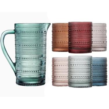 Imagem de Khen Conjunto de copos Hobnail com contas para jarro e copo | Conjunto de 6 copos e jarro | Vintage 325 ml e vidro de areia 2,4 design de bolha silenciosa, antiquado, design em relevo - água, vinho,