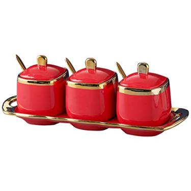 Imagem de Fvstar Açucareiro vermelho com tampa e colher, potes de condimentos de cerâmica, recipiente de especiarias com bandeja, tigelas de açúcar e sal, recipientes de condimento dourado, potes de tempero,