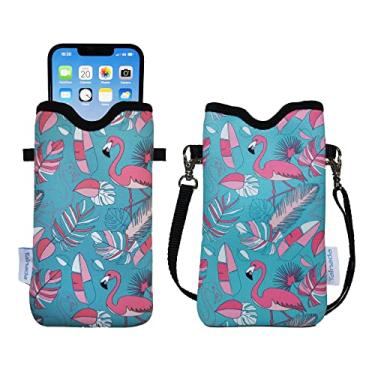 Imagem de Tainada Bolsa de neoprene masculina e feminina com alça transversal/cordão de pescoço para iPhone 16/15/14 Pro Max, 16/15/14 Plus, Samsung S25, A55, Google Pixel 9 (padrão de flamingo turquesa)