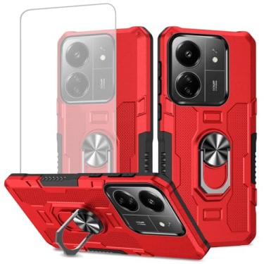 Imagem de Ueokeird Capa para Redmi 13C 4G, capa Poco C65 com protetor de tela de vidro temperado, proteção resistente com anel de metal suporte magnético capa de telefone para Xiaomi Redmi 13C vermelho