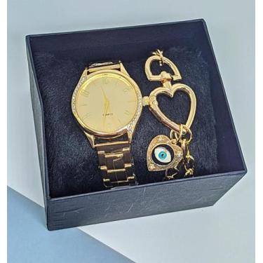 Imagem de Kit Conjunto Relógio Feminino Redondo Strass Pedras Zircônias Quartz L