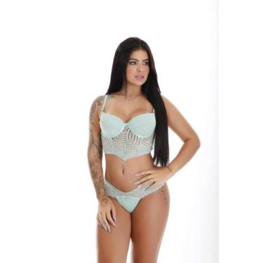 Imagem de Conjunto Lingerie sutiã bojo renda calcinha tanga fio duplo luxo femin