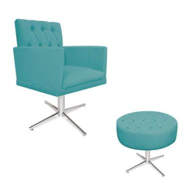 Imagem de kit Poltrona e Puff Nanda Base Giratória de Metal Suede Azul Turquesa 