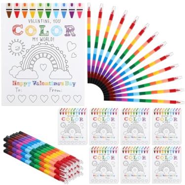 Imagem de Weekgrat 24 conjuntos de presente de dia dos namorados para crianças, faça você mesmo, cartão de felicitações para colorir dos namorados, 12 cores, giz de cera empilhável, para sala de aula, cartão de