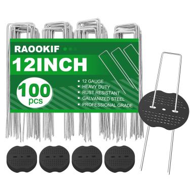 Imagem de RAOOKIF Grampos de paisagem galvanizados de 30,5 cm (100 peças) + juntas tampão (100 peças), estacas de jardim de metal calibre 11, pinos de gramado em forma de U, estacas de solo resistentes para