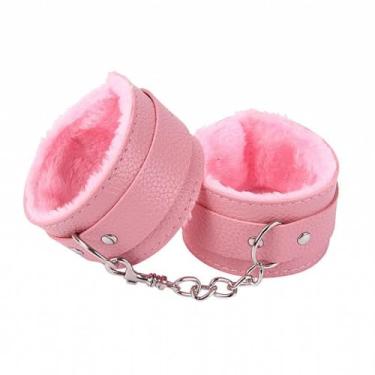Imagem de Algema Bracelete em Couro Macio com Pelúcia Aveludada e Corrente Cromada 5,5cm x 9cm Fivelas Ajustáveis (ROSA)