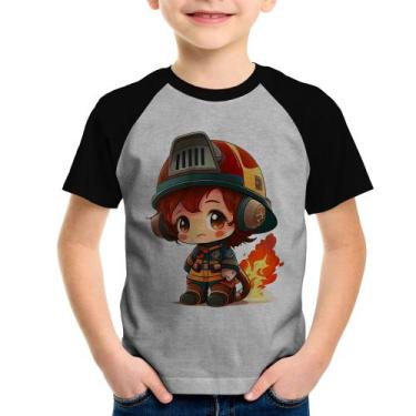 Imagem de Camiseta Raglan Infantil Bombeiro Mirim - Foca na Moda, Cinza, Preto, 