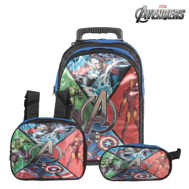 Imagem de Kit Mochila Escolar Infantil Vingadores Marvel Rodinhas
