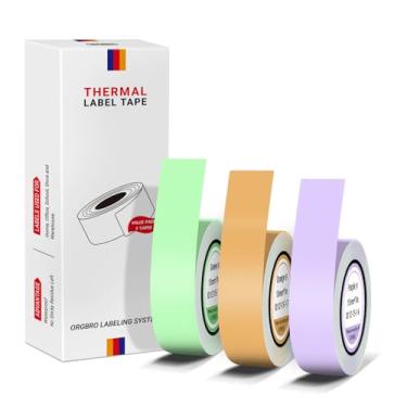 Imagem de ORGBRO Fita adesiva X1, papel de impressão de etiqueta térmica genuíno 0,59" × 275,15.2 cm (15 mm × 7 m), substituição de fita de etiquetagem de escritório laminada padrão, 3 rolos, verde/roxo/laranja
