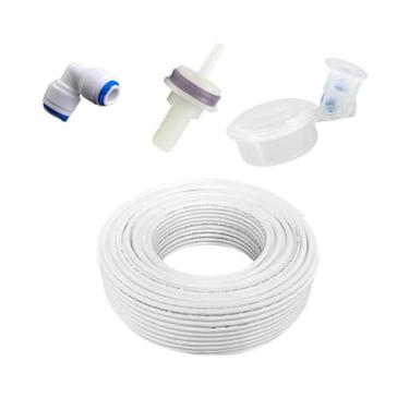 Imagem de Adaptador de Fixação da Boia na Tampa do Filtro + Boia Nível de Água + Engate Rápido União L ¼ +Tubo (Engate L Azul/Branco, 05 Metros Mangueira)