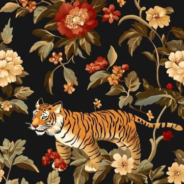 Imagem de Fvlow Papel de parede de tigre descasque e cole papel de parede floral marrom papel de parede flor tigre papel de contato selva escura vintage cobertura de parede autoadesivo removível 1.000.8 cm x