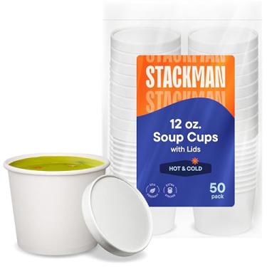 Imagem de Stack Man [12 Oz. 50 Conjuntos] Recipiente de Papel para Alimentos com Tampa, Copo de Papel Isolado para Alimentos com Tampa Ventilada de Papel, Recipientes Quentes Ou Frios para Viagem, Recipiente de