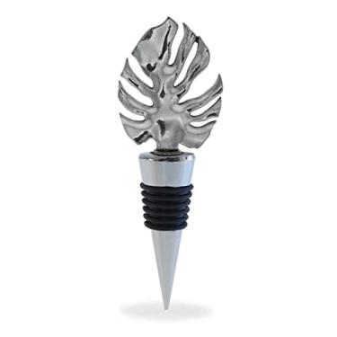 Imagem de Cheers Rolha de vinho de metal de folha tropical prateada - Vedação a vácuo elegante, reutilizável, folhas da selva, rolha de garrafa de vinho, tampa hermética à prova de vazamento, plugue de cortiça