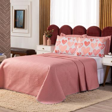 Imagem de Kit Cobre Leito Corações Rosê/branco Dupla Face Com Fronhas Estampadas Casal Padrão 05 Peças