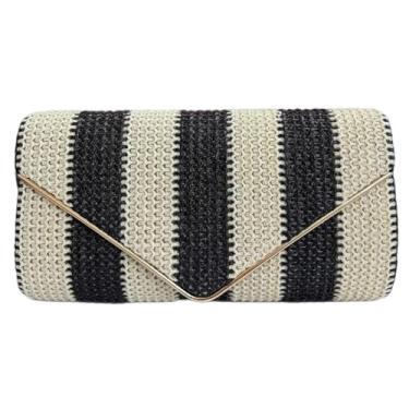 Imagem de EMGILL Bolsa clutch de palha para mulheres bolsa listrada de tecido colorido para noite bolsa envelope de praia de verão bolsa de ombro transversal, Preto - A, Medium