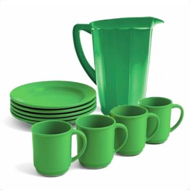 Imagem de Conjunto Plástico 1 Jarra + 4 Pratos e 4 Canecas 400ML Kit Mesa Completo Infantil Livre de BPA (Verde)