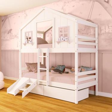Imagem de Beliche Casinha dos Sonhos com 02 Gavetas Kit Escada/ Escorregador Madeira Maciça Branco/ Rosa Megamobilia