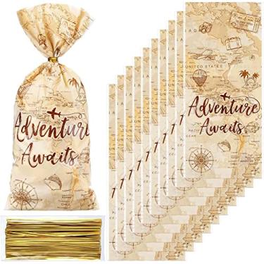 Imagem de 100 unidades de sacos de guloseimas de celofane Adventure Awaits Decoração de festa de aventura com tema de viagem, sacos de lembrancinhas, mapa do mundo, festa de aniversário, saco de plástico para