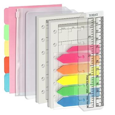 Imagem de Conjunto de refil de fichário A7 com 6 furos, refil de plano de 90 folhas, 5 folhas de papel divisor, régua de hoje com polegada, bolsa translúcida com zíper, bolsa de cartão de PVC, 200 adesivos coloridos de índice 005Da7Month