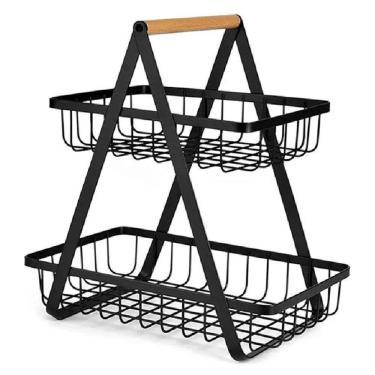 Imagem de Fruteira Cesto Duplo Organizador Aramado Fruta Legumes Cozinha Mesa Bancada Multiuso Escritorio Armario Estante Moderno