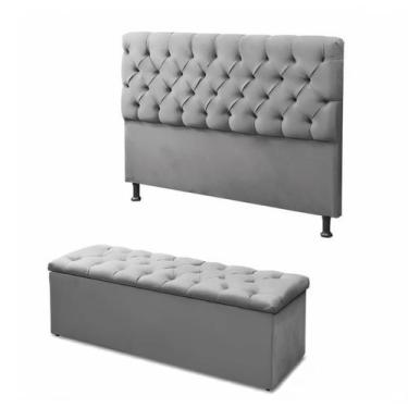 Imagem de Kit Cabeceira + Calçadeira Baú Queen 160cm Cinza - Fábrica de tudo