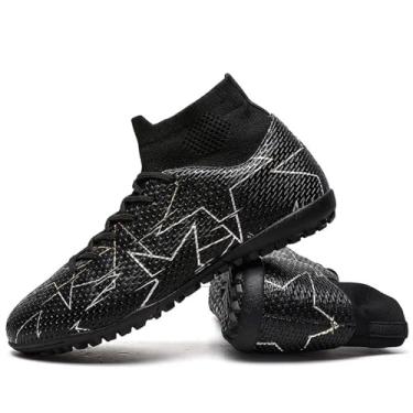 Imagem de changshen Tênis de futebol masculino com chuteiras de grama, branco-azul/branco-preto/preto, cano alto, tênis esportivo de treinamento, Preto, 35