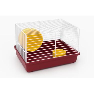 Imagem de Gaiola de Hamster Pequeno com Acessórios – Roda de Exercício Amarela, Comedouro e Base Vermelha – Conforto e Diversão para Roedores